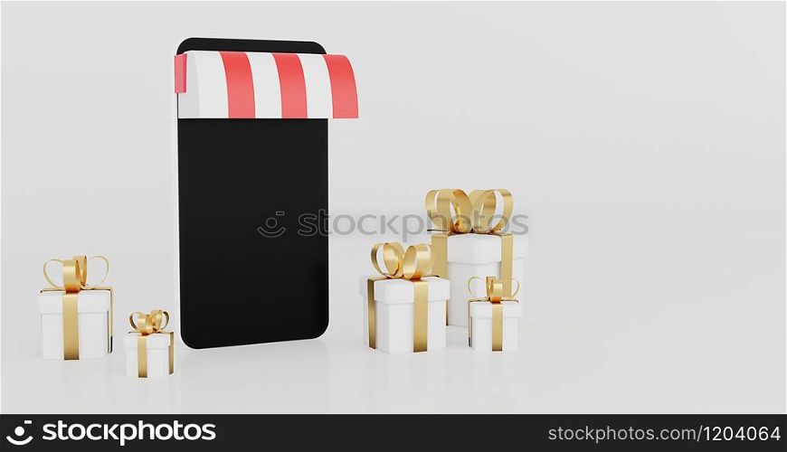 3D rendering of black smartphone screen and red white gift box golden ribbon.Creative Shopping online concept.Business minimal modern mock up advertising and banner.market store shop. illustration