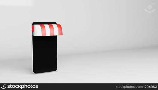 3D rendering of black smartphone screen.Creative Mobile Shopping online concept.Business minimal modern mock up advertising and banner.Market Shop isolated.Space for your text sale. illustration.