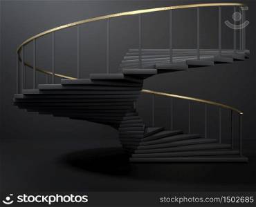 3d rendering of black spiral staircase with golden handrail in empty dark room. Concept of leadershi and business ambition.. 3d render of black spiral staircase with golden handrail in empty dark room. Concept of leadershi and business ambition.