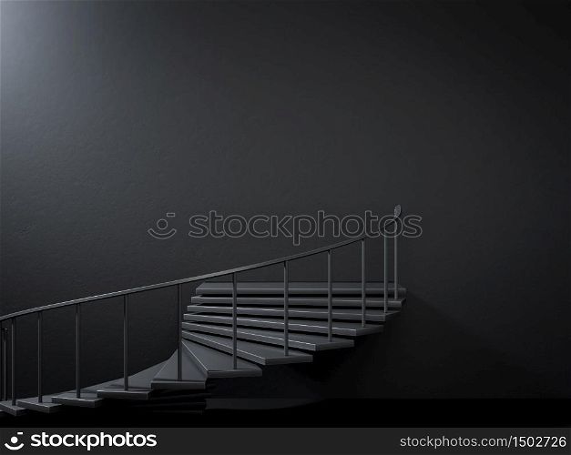 3d rendering of black spiral stairs in dark empty iterior. Perfect illustration for placing your text or advertisement. COncept of business achievement.. 3d render of black spiral stairs in dark empty iterior. Perfect illustration for placing your text or advertisement. COncept of business achievement.