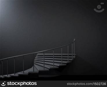 3d rendering of black spiral stairs in dark empty iterior. Perfect illustration for placing your text or advertisement. COncept of business achievement.. 3d render of black spiral stairs in dark empty iterior. Perfect illustration for placing your text or advertisement. COncept of business achievement.