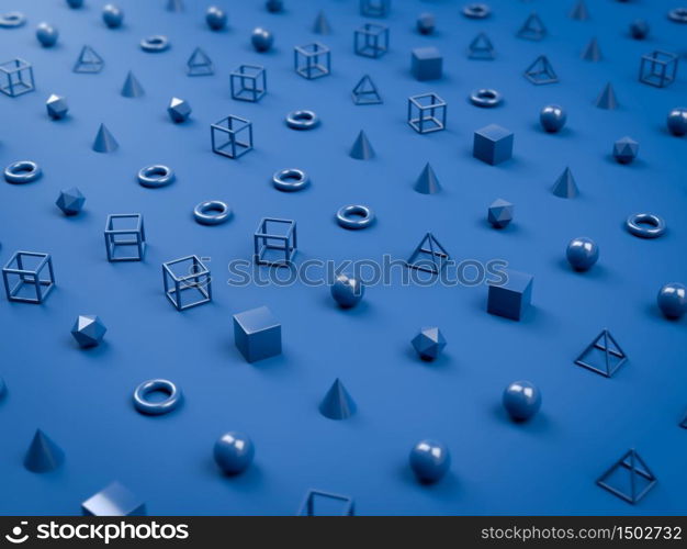 3d rendering of blue geometry shapes and forms on blue background. Abstract minimistic backdrop or background. 3d render of blue geometry shapes and forms on blue background. Abstract minimistic backdrop or background