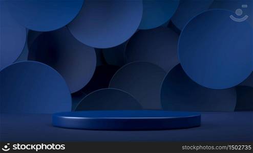 3D rendering of blue round stage, podium or pedestal in minimalistic blue studio decorated with floating circles. Perfect background for placing cosmetic product or object. Abstract minimalistic blue backdrop or mockup. Copy space. 3D render of blue round stage, podium or pedestal in minimalistic blue studio decorated with floating circles. Perfect background for placing cosmetic product or object. Abstract minimalistic blue backdrop or mockup. Copy space