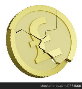 3D rendering of British pound coin with sign of British currency shattered into pieces falling apart. Depreciation of money, financial crisis. Realistic illustration isolated on white back