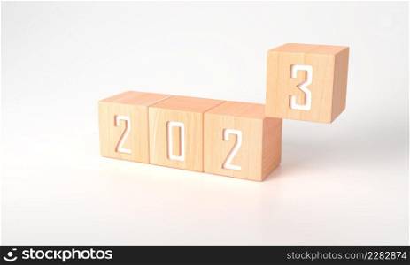 3D rendering of Business goals in 2023 concept. Happy new year wooden cubes 2023 with white background. copy space for your starting business plan. illustration minimal simple target calendar year
