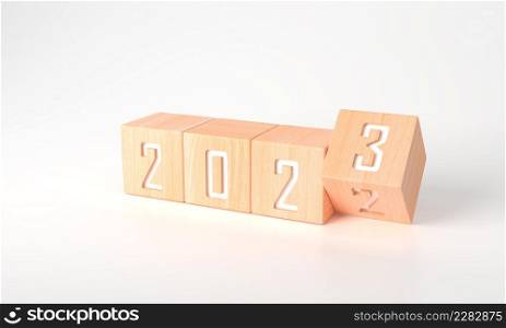 "3d rendering of Business plan or Happy new year in 2023 concept for business strategy and development. Minimal wooden cubes "2022" to "2023" text on white background and copy space. Banner new plan."