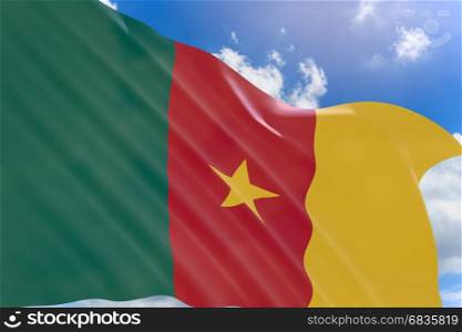 3D rendering of Cameroon flag waving on blue sky background, National Day is a holiday in Cameroon celebrated on 20 May.