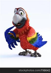 3D rendering of cartoon parrot looking surprised or like he has been busted. White background.. 3D rendering of cartoon parrot busted.