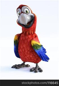 3D rendering of cartoon parrot smiling and looking very happy. White background.. 3D rendering of cartoon parrot smiling.