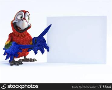 3D rendering of cartoon parrot smiling and pointing with its wing to a blank sign. White background.. 3D rendering of cartoon parrot pointing at a blank sign.