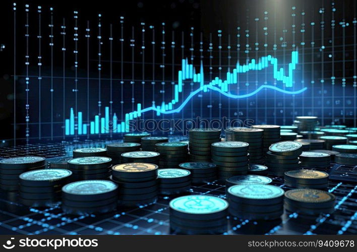 3d rendering of coin stack with stock market chart digital background.