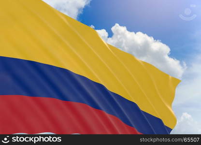 3D rendering of Colombia flag waving on blue sky background, Colombia is Country in South America, Each year on July 20, Colombians close schools and offices, and come together to celebrate the anniversary of the countrya??s Declaration of Independence.