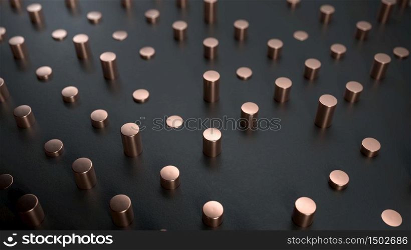 3d rendering of copper cylinders on black surface. Perfect minimalist abstract background or backdrop in golden and black colors.. 3d render of copper cylinders on black surface. Perfect minimalist abstract background or backdrop in golden and black colors.