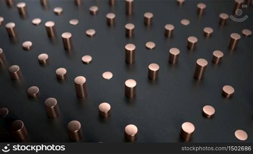 3d rendering of copper cylinders on black surface. Perfect minimalist abstract background or backdrop in golden and black colors.. 3d render of copper cylinders on black surface. Perfect minimalist abstract background or backdrop in golden and black colors.