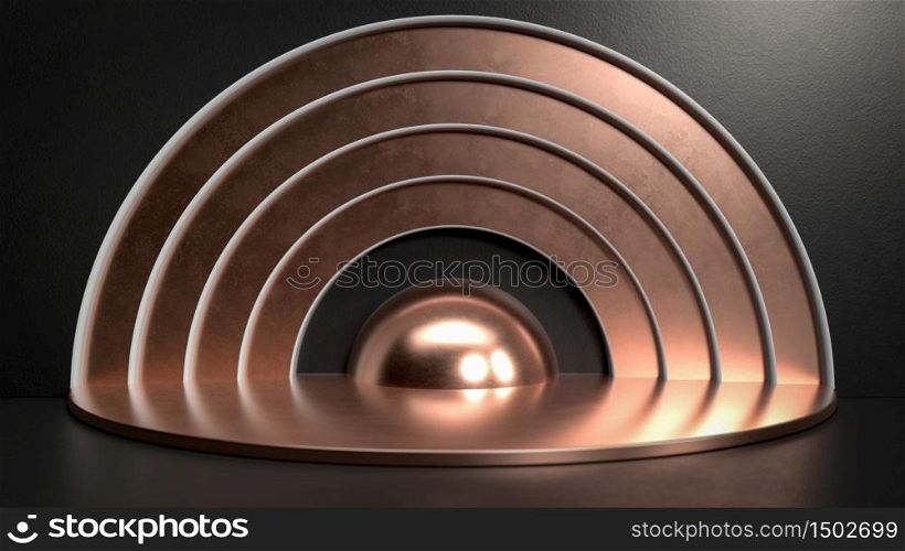 3d rendering of copper metal stage, pedestal or podium in black studio. Perfect illustration for placing your product of object on podium. Abstract minimalist backdrop or mockup. 3d render of copper metal stage, pedestal or podium in black studio. Perfect illustration for placing your product of object on podium. Abstract minimalist backdrop or mockup