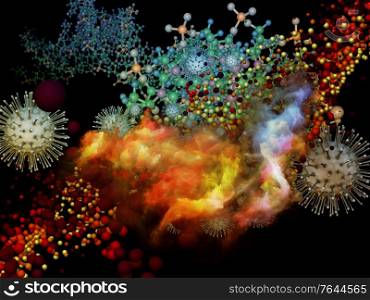 3D Rendering of Coronavirus virus particle and three-dimensional abstract molecular elements on the subject of interaction of viral bodies and micro environment or immune system