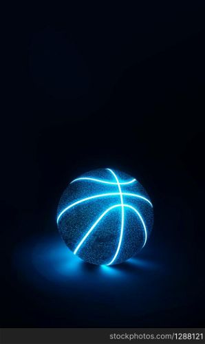 3D Rendering of creative basketball with glowing blue neon seams on a midnight blue background casting a glow on the surface below with copy space