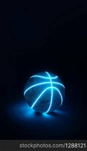 3D Rendering of creative basketball with glowing blue neon seams on a midnight blue background casting a glow on the surface below with copy space