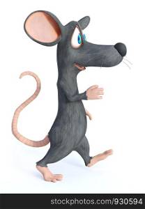 3D rendering of cute smiling cartoon mouse walking or marching. White background.. 3D rendering of cartoon mouse walking.