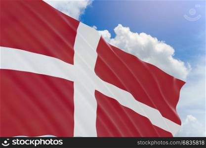 3D rendering of Denmark flag waving on blue sky background, Constitution Day observed on 5 June, This day is also Father's Day in Denmark.