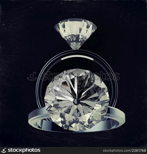 3d rendering of diamond rings on black surface as vintage style