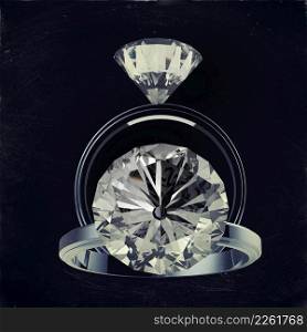 3d rendering of diamond rings on black surface as vintage style