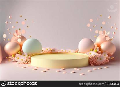 3D rendering of Easter background banner with product podium platform, eggs, and flower
