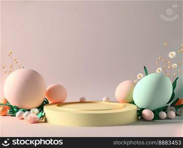 3D rendering of Easter background banner with product podium stage, eggs, and flower