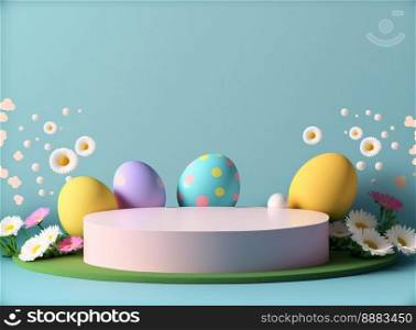 3D rendering of Easter greeting background banner with product podium platform, eggs, and flower