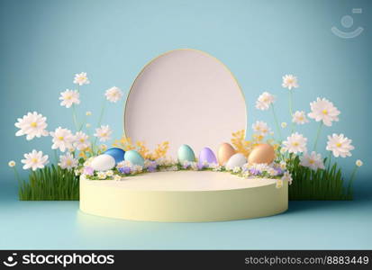 3D rendering of Easter greeting background banner with product podium stage, eggs, and flower