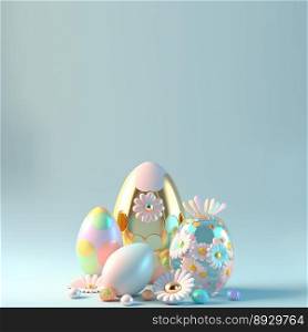 3D Rendering of Eggs and Flowers for Easter Background