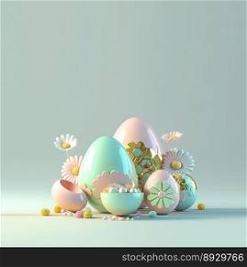 3D Rendering of Eggs and Flowers for Easter Celebration Background