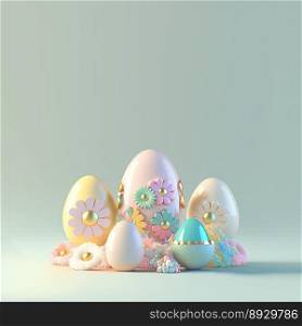 3D Rendering of Eggs and Flowers for Easter Day Celebration Background