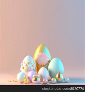 3D Rendering of Eggs and Flowers for Easter Day Festive Background