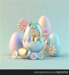 3D Rendering of Eggs and Flowers for Easter Festive Background