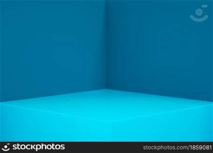 3D rendering of empty room interior design or blue pedestal display, blank stand for showing product.