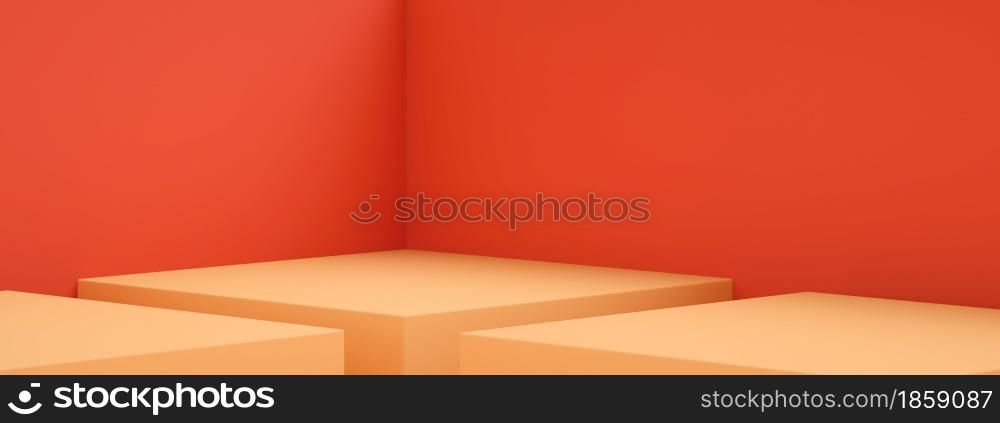 3D rendering of empty room interior design or orange pedestal display over red wall, blank stand for showing product, panoramic image