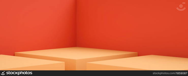 3D rendering of empty room interior design or orange pedestal display over red wall, blank stand for showing product, panoramic image
