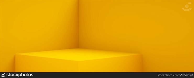 3D rendering of empty room interior design or yellow pedestal display, blank stand for showing product, panoramic image