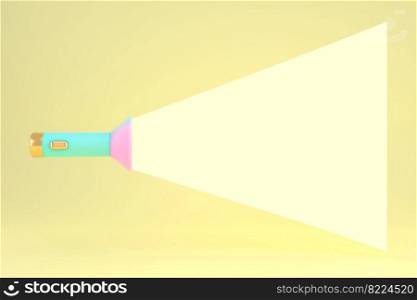 3d rendering of flashlight with mock up beam as space for text for commercial template background design. 3d render illustration cartoon style. 3d rendering of flashlight with mock up beam as space for text for commercial template background design. 3d render illustration cartoon style.