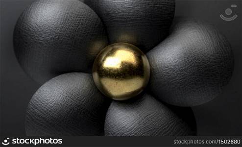 3D rendering of flower made of black leather and golden ball. Coneptual illustration of artificial nature.. 3D render of flower made of black leather and golden ball. Coneptual illustration of artificial nature.