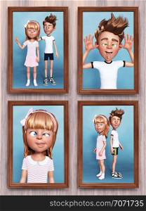 3D rendering of four framed cartoon family portraits of the siblings that is hanging on the wall. Both the brother and the sister is doing silly faces.. 3D rendering of silly cartoon family portraits on the wall.
