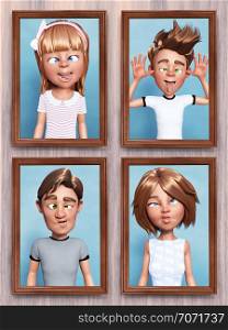 3D rendering of four framed cartoon family portraits that is hanging on the wall. Everyone in the family is doing a silly face.. 3D rendering of silly cartoon family portraits on the wall.