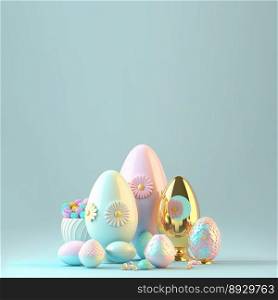 3D Rendering of Glossy Eggs and Flowers for Easter Background