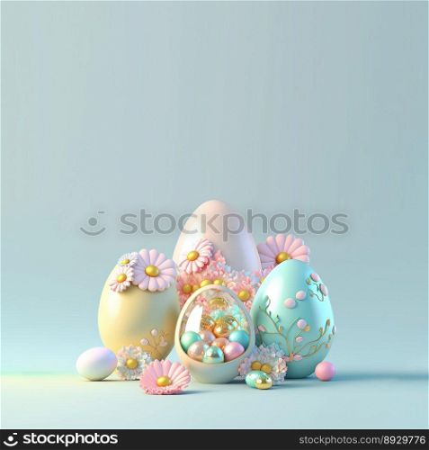 3D Rendering of Glossy Eggs and Flowers for Easter Celebration Background