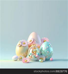 3D Rendering of Glossy Eggs and Flowers for Easter Celebration Background