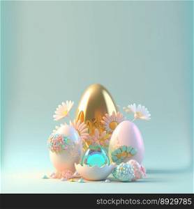 3D Rendering of Glossy Eggs and Flowers for Easter Day Celebration Background