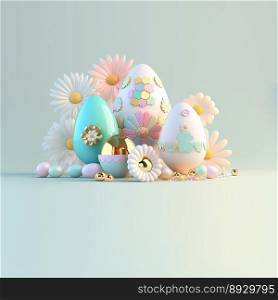 3D Rendering of Glossy Eggs and Flowers for Easter Day Festive Background