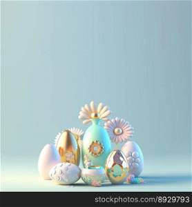 3D Rendering of Glossy Eggs and Flowers for Easter Day Party Background