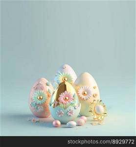 3D Rendering of Glossy Eggs and Flowers for Easter Greeting Card Background